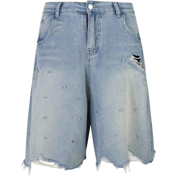 Dresses & Skirts - Unisex Denim Jorts Baggy Ripped Rhinestone Mid-Low Bermuda Streetwear